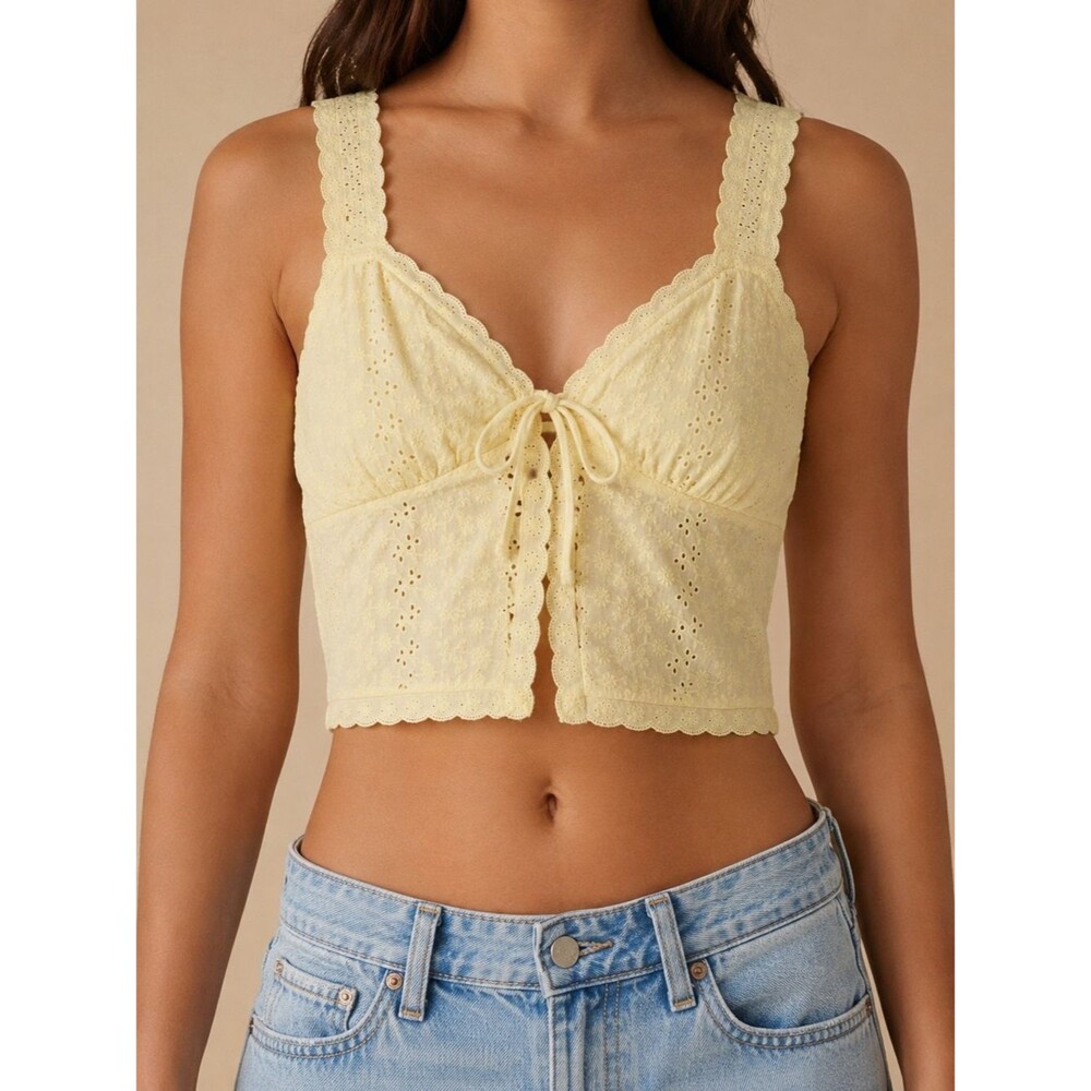 Aeropostale Eyelet Lace Tie Front Crop Top Medium Yellow 100% Cotton Cottagecore